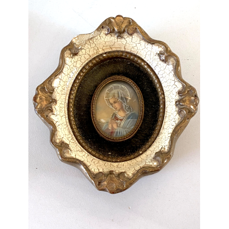 MINIATURA RITRATTO VERGINE MARIA in PREGHIERA CORNICE LEGNO VELLUTO