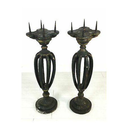 ANTICA COPPIA CANDELIERE DA TERRA EPOCA 700 CANDELABRO PORTA CERO LEGNO SCOLPITO