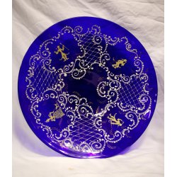 ANTICO RARO PIATTO VETRO MURANO BLU GLASS  DECORATO FIGURE DAMA CAVALIERI '800
