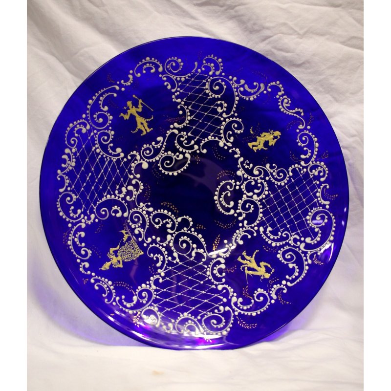 ANTICO RARO PIATTO VETRO MURANO BLU GLASS  DECORATO FIGURE DAMA CAVALIERI '800