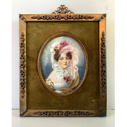 STUPENDO ANTICO DIPINTO MINIATURA RITRATTO GIOVANE DONNA DAMA CORNICE METALLO