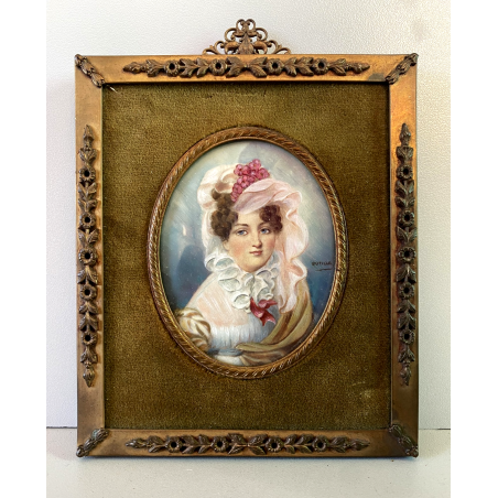 STUPENDO ANTICO DIPINTO MINIATURA RITRATTO GIOVANE DONNA DAMA CORNICE METALLO