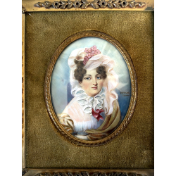 STUPENDO ANTICO DIPINTO MINIATURA RITRATTO GIOVANE DONNA DAMA CORNICE METALLO