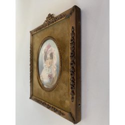 STUPENDO ANTICO DIPINTO MINIATURA RITRATTO GIOVANE DONNA DAMA CORNICE METALLO