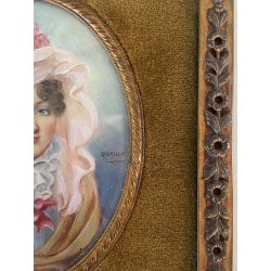 STUPENDO ANTICO DIPINTO MINIATURA RITRATTO GIOVANE DONNA DAMA CORNICE METALLO