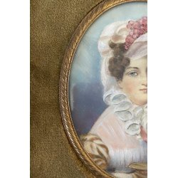 STUPENDO ANTICO DIPINTO MINIATURA RITRATTO GIOVANE DONNA DAMA CORNICE METALLO