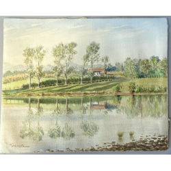 DISEGNO ACQUERELLO CARTONCINO G. Gagiardi PAESAGGIO CAMPAGNA ARONA LAGO MAGGIORE