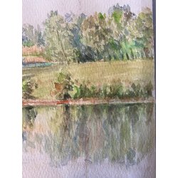 DISEGNO ACQUERELLO CARTONCINO G. Gagiardi PAESAGGIO CAMPAGNA ARONA LAGO MAGGIORE
