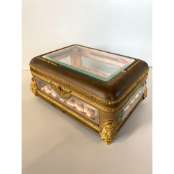 ANTICO SCRIGNO COFANETTO PORTAGIOIE SCATOLA LEGNO VETRO INTERNO ROSA XIX sec.