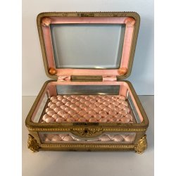 ANTICO SCRIGNO COFANETTO PORTAGIOIE SCATOLA LEGNO VETRO INTERNO ROSA XIX sec.