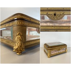 ANTICO SCRIGNO COFANETTO PORTAGIOIE SCATOLA LEGNO VETRO INTERNO ROSA XIX sec.