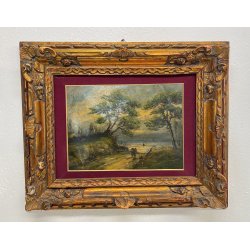 ANTICO QUADRO PAESAGGIO MARE MARINA BOSCO ALBERI EPOCA DIPINTO OLIO TAVOLA