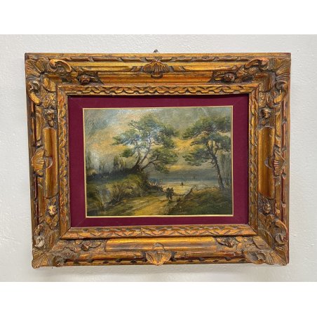 ANTICO QUADRO PAESAGGIO MARE MARINA BOSCO ALBERI EPOCA DIPINTO OLIO TAVOLA