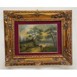 ANTICO QUADRO PAESAGGIO MARE MARINA BOSCO ALBERI EPOCA DIPINTO OLIO TAVOLA
