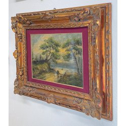 ANTICO QUADRO PAESAGGIO MARE MARINA BOSCO ALBERI EPOCA DIPINTO OLIO TAVOLA
