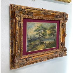 ANTICO QUADRO PAESAGGIO MARE MARINA BOSCO ALBERI EPOCA DIPINTO OLIO TAVOLA