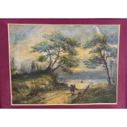 ANTICO QUADRO PAESAGGIO MARE MARINA BOSCO ALBERI EPOCA DIPINTO OLIO TAVOLA