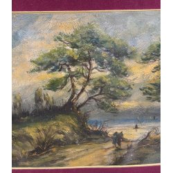 ANTICO QUADRO PAESAGGIO MARE MARINA BOSCO ALBERI EPOCA DIPINTO OLIO TAVOLA