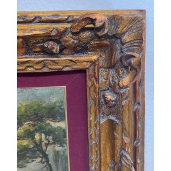 ANTICO QUADRO PAESAGGIO MARE MARINA BOSCO ALBERI EPOCA DIPINTO OLIO TAVOLA