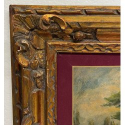 ANTICO QUADRO PAESAGGIO MARE MARINA BOSCO ALBERI EPOCA DIPINTO OLIO TAVOLA