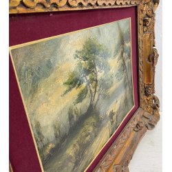 ANTICO QUADRO PAESAGGIO MARE MARINA BOSCO ALBERI EPOCA DIPINTO OLIO TAVOLA