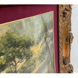 ANTICO QUADRO PAESAGGIO MARE MARINA BOSCO ALBERI EPOCA DIPINTO OLIO TAVOLA