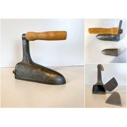 ANTICO FERRO DA STIRO BRONZO INSERTO GHISA DECORO DRAGORILIEVO MANICO LEGNO '800
