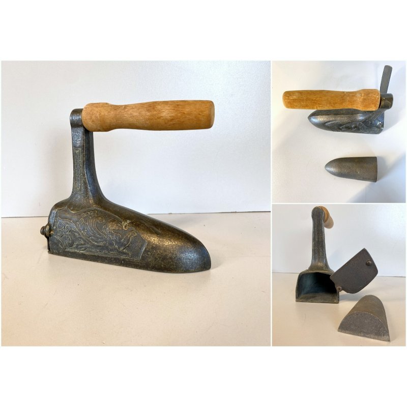 ANTICO FERRO DA STIRO BRONZO INSERTO GHISA DECORO DRAGORILIEVO MANICO LEGNO '800