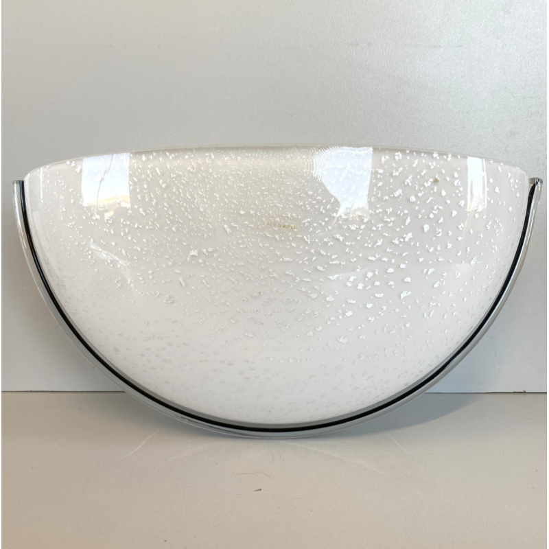LAMPADA  APPLIQUE VETRO MURANO BIANCO OPALINO AVVENTURINA ARGENTO ANNI '70/'80