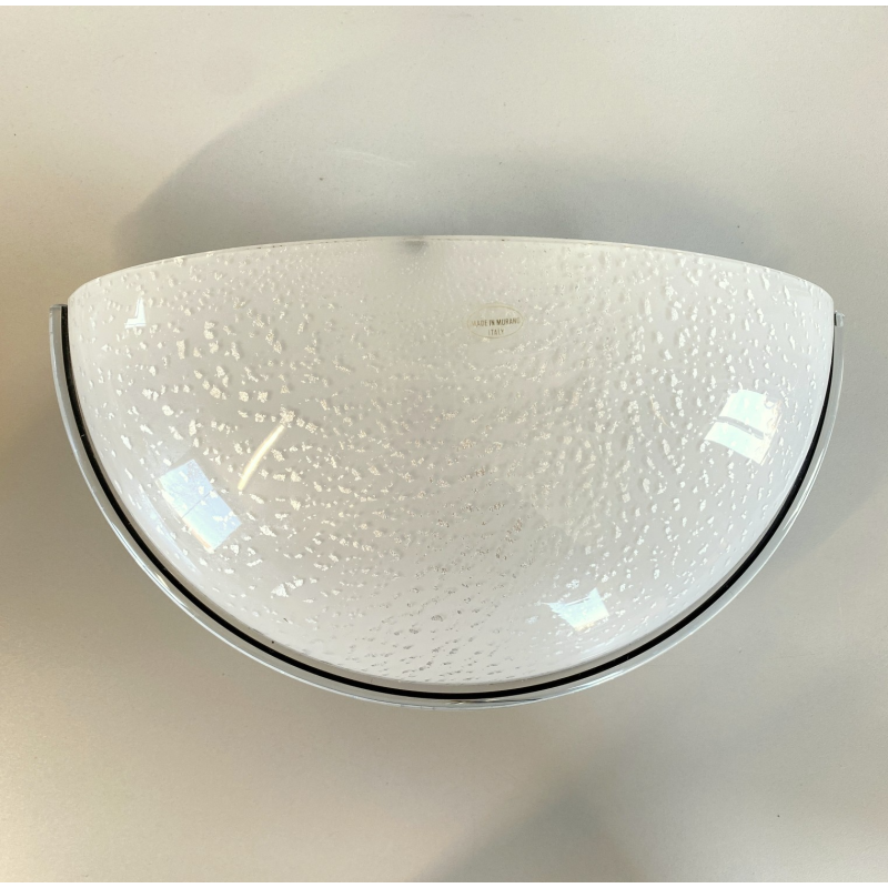 LAMPADA  APPLIQUE VETRO MURANO BIANCO OPALINO AVVENTURINA ARGENTO ANNI '70/80