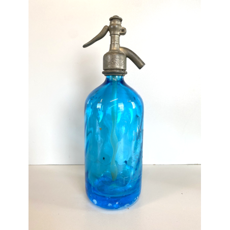 SIFONE BOTTIGLIA VETRO ACQUA di SELTZ F. Lachelli MORTARA AZZURRO ART DECO COLPI
