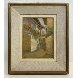 DIPINTO Antonio Pollini BELGIRATE LAGO MAGGIORE BORGO 1900 QUADRO OLIO TAVOLA