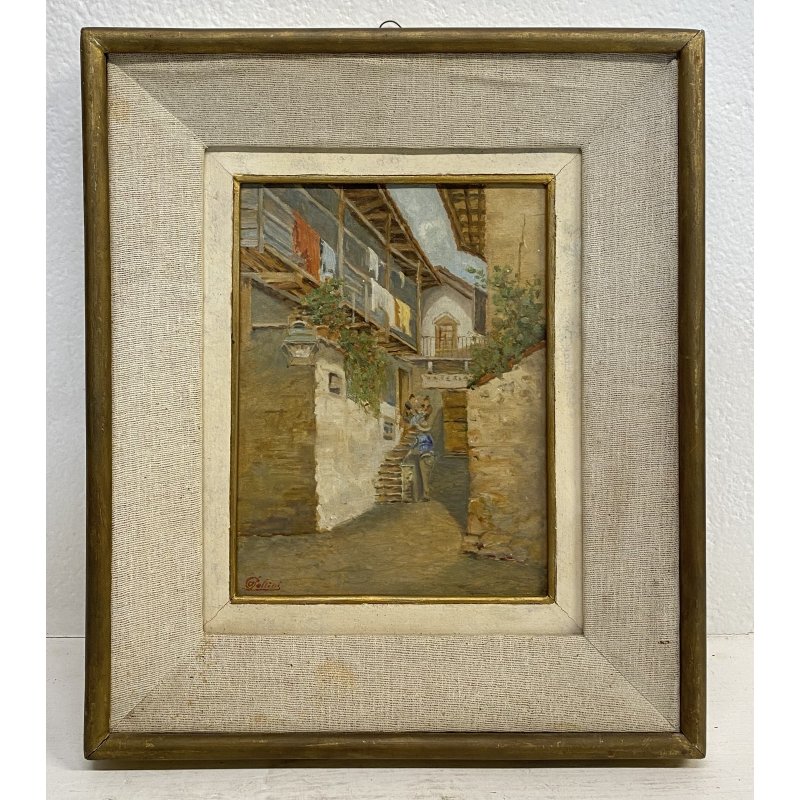 DIPINTO Antonio Pollini BELGIRATE LAGO MAGGIORE BORGO 1900 QUADRO OLIO TAVOLA