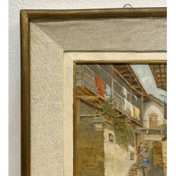 DIPINTO Antonio Pollini BELGIRATE LAGO MAGGIORE BORGO 1900 QUADRO OLIO TAVOLA