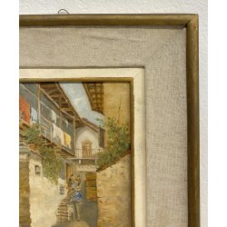 DIPINTO Antonio Pollini BELGIRATE LAGO MAGGIORE BORGO 1900 QUADRO OLIO TAVOLA