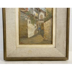 DIPINTO Antonio Pollini BELGIRATE LAGO MAGGIORE BORGO 1900 QUADRO OLIO TAVOLA