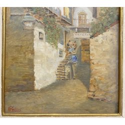 DIPINTO Antonio Pollini BELGIRATE LAGO MAGGIORE BORGO 1900 QUADRO OLIO TAVOLA