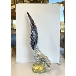 FIGURA GALLO PAVONE UCCELLO VETRO Murano SOMMERSO NERO AVVENTURINA ARGENTO ORO