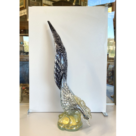 FIGURA GALLO PAVONE UCCELLO VETRO Murano SOMMERSO NERO AVVENTURINA ARGENTO ORO