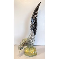 FIGURA GALLO PAVONE UCCELLO VETRO Murano SOMMERSO NERO AVVENTURINA ARGENTO ORO