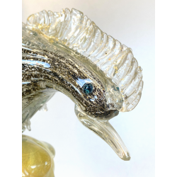 FIGURA GALLO PAVONE UCCELLO VETRO Murano SOMMERSO NERO AVVENTURINA ARGENTO ORO