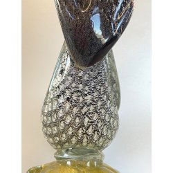 FIGURA GALLO PAVONE UCCELLO VETRO Murano SOMMERSO NERO AVVENTURINA ARGENTO ORO