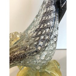 FIGURA GALLO PAVONE UCCELLO VETRO Murano SOMMERSO NERO AVVENTURINA ARGENTO ORO