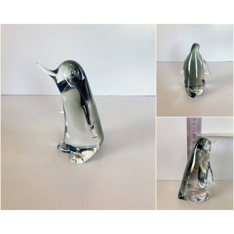 SCULTURA FIGURA PINGUINO VETRO Murano TRANSPARENTE  GRIGIO 10,5 cm/h