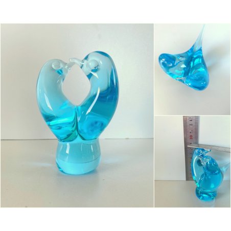 SCULTURA FIGURA UCCELLINI ABBRACCIO VETRO Murano TRANSPARENTE  TURCHESE 9 cm/h