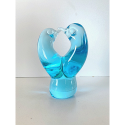 SCULTURA FIGURA UCCELLINI ABBRACCIO VETRO Murano TRANSPARENTE  TURCHESE 9 cm/h