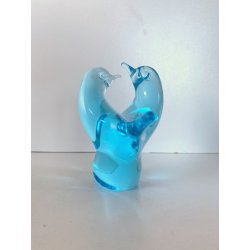 SCULTURA FIGURA UCCELLINI ABBRACCIO VETRO Murano TRANSPARENTE  TURCHESE 9 cm/h