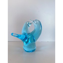 SCULTURA FIGURA UCCELLINI ABBRACCIO VETRO Murano TRANSPARENTE  TURCHESE 9 cm/h