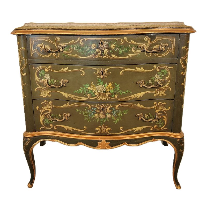 ANTICA COMO Luigi XV 1900 CASSETTIERA VENEZIANA 3 CASSETTI dipinta Verde Oro