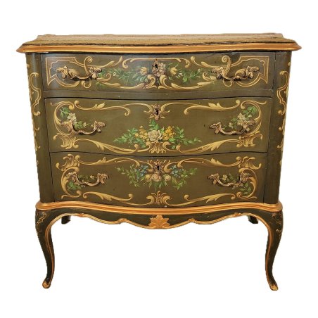 ANTICA COMO Luigi XV 1900 CASSETTIERA VENEZIANA 3 CASSETTI dipinta Verde Oro
